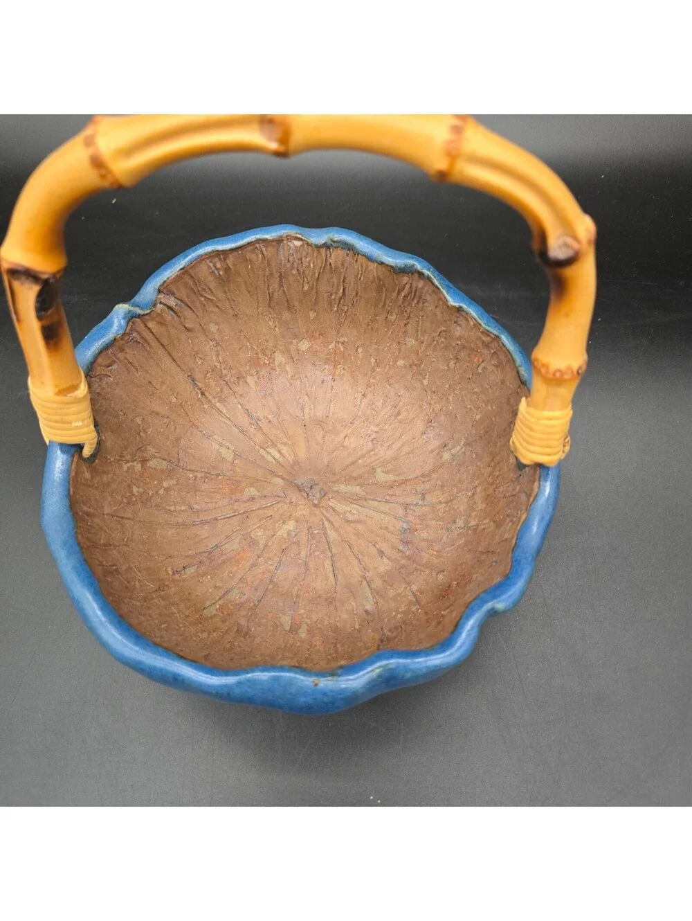 Handmade Studio Pottery Lotus Leaf Basket Bowl Blue Glazed Bamboo Handle Signed